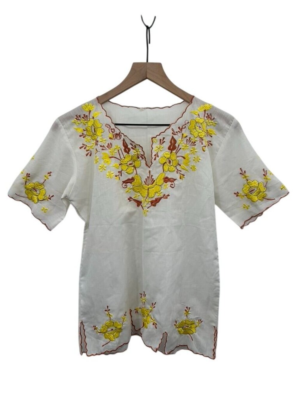 Vintage White Cotton Blouse With Yellow & Orange Floral Embroidery Short Sleeve